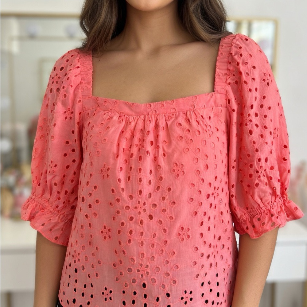 1. State Pink Eyelet Square-Neck Puff-Sleeve Top